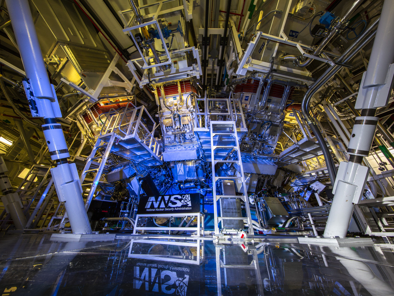 Multiple diagnostic instruments peer into the Target Chamber to help measure the results of laser experiments at the National Ignition Facility at Lawrence Livermore National Laboratory, which is funded by the National Nuclear Security Administration. 