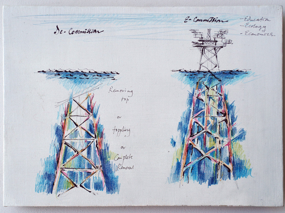 Diagram of decommissioning CA oil rigs at Oceanside Museum of Art exhibit