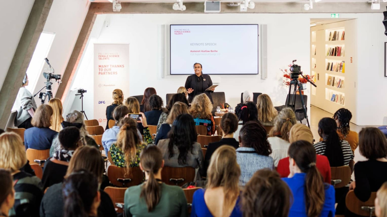 Asmeret Berhe with audience at Female Science Talents International Fall Gathering 2023